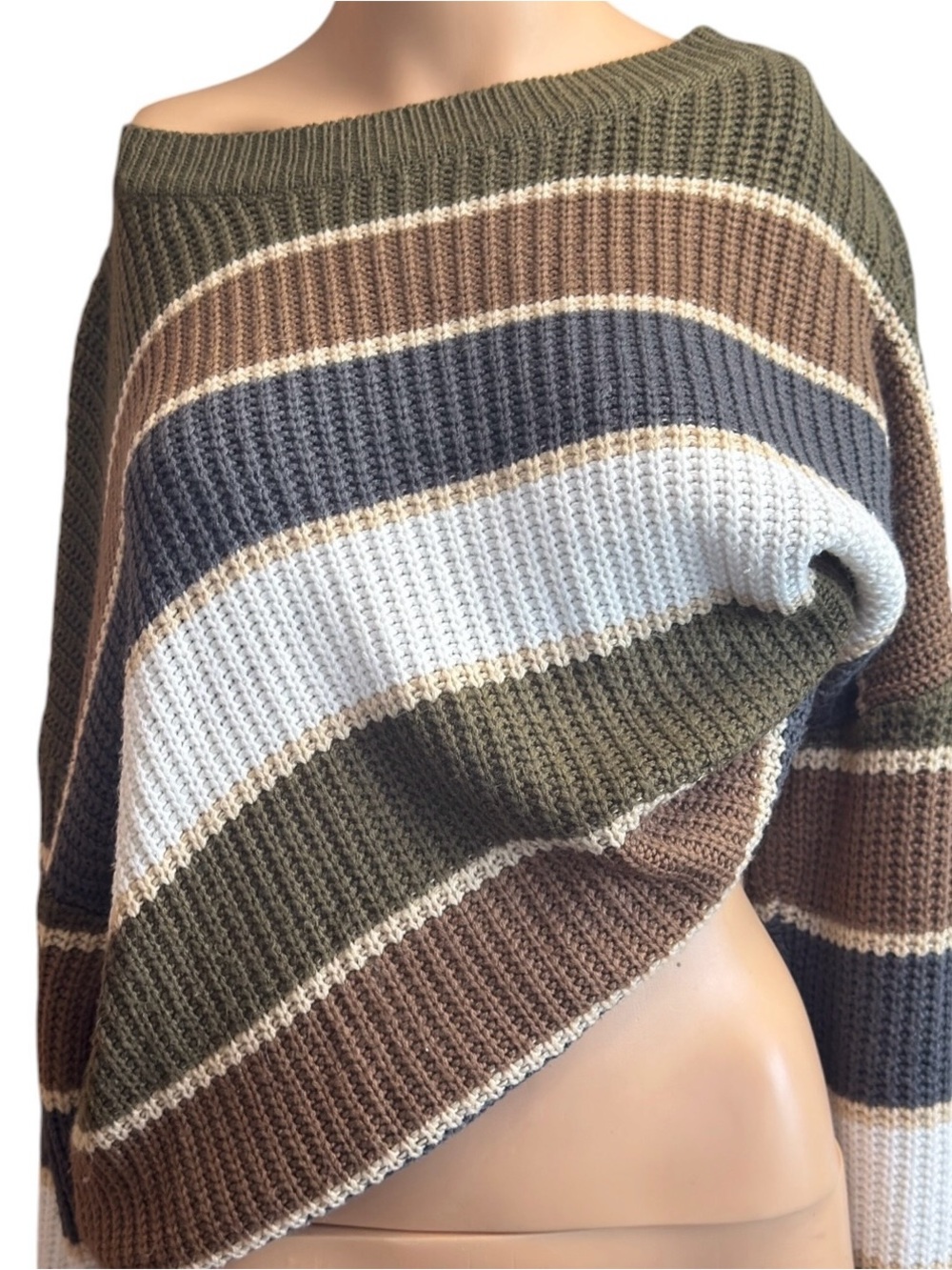 Striped Off-Shoulder Knit Sweater in Olive, Brown & White - Picture 5 of 11